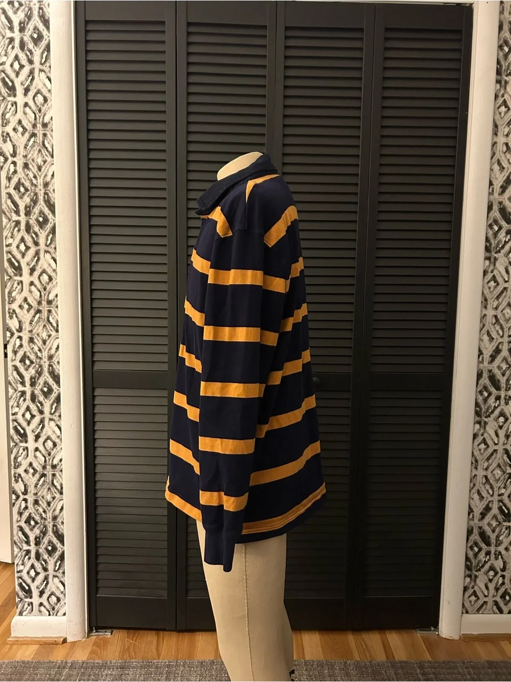 J. Crew Navy and Mustard Striped Rugby Polo